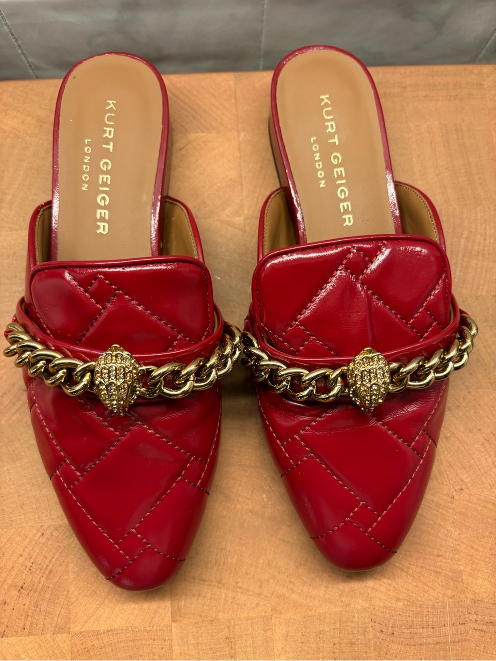 Kurt Geiger Red Quilted Chain-Trim Mules Size 38. (US 7.5-8). Like New!